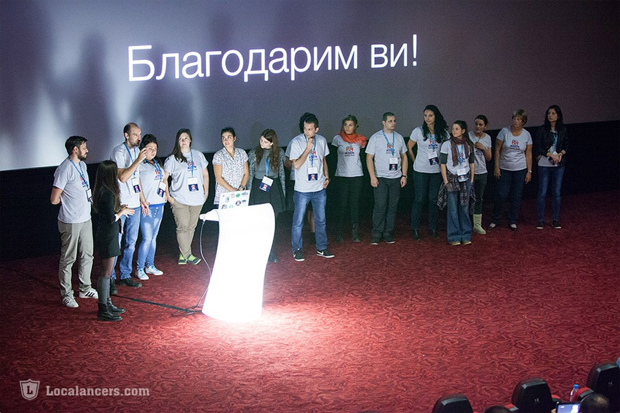 Organizers and volunteers on stage at the end of one more WordCamp Sofia (in 2015)